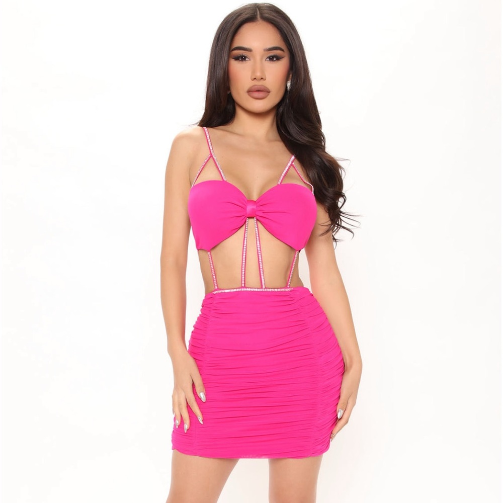 Pink bow rhinestone sexy hot pink mini dress
